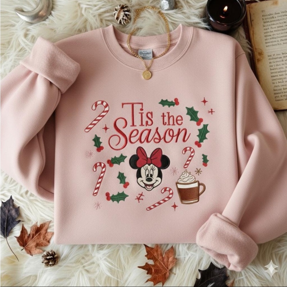 Embroidered Minnie Mouse Pink Christmas Disney 'Tis the Season Sweatshirt